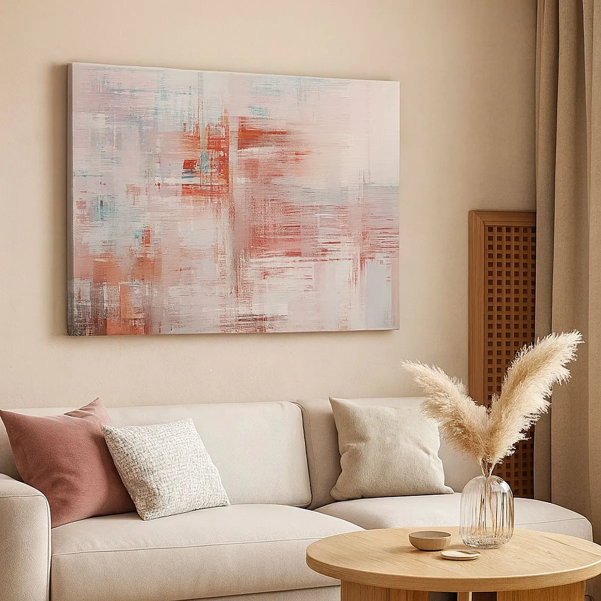 Lærredstryk - Billede på lærred - En abstrakt komposition med nuancer af rød og pastelfarver. - 70x50cm - Diset. Hvor er dog det lyserødt - Moderne vægdekoration til stue og soveværelse ARTTOR