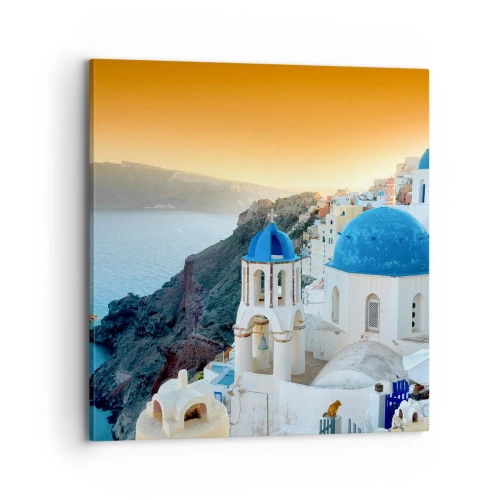 Lærredstryk - Billede på lærred - Santorini - omfavnet af klipperne - 70x70 cm