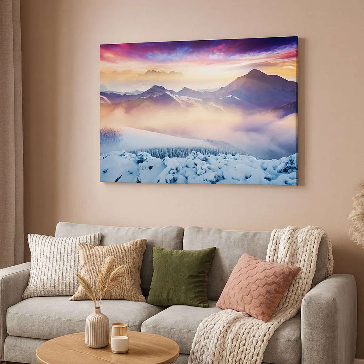 Lærredstryk - Billede på lærred - Snedækkede bjerge ved daggry med en farverig himmel - 70x50cm - Naturens kraft og renhed - Moderne vægdekoration til stue og soveværelse ARTTOR