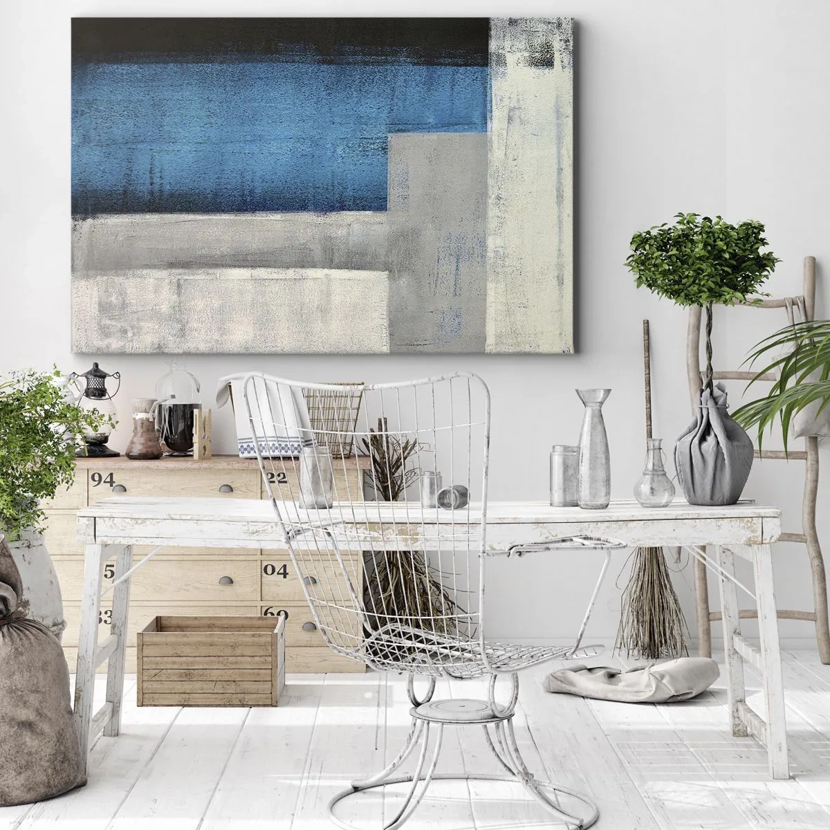 Lærredstryk - Billede på lærred - En abstrakt komposition med nuancer af blå, grå og hvid. - 70x50cm - Poetisk komposition af grå og blå - Moderne vægdekoration til stue og soveværelse ARTTOR