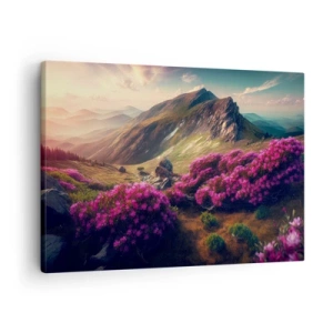 Lærredstryk - Billede på lærred - Bjerglandskab med blomstrende rhododendroner - 70x50cm - Sommer i bjergene - Moderne vægdekoration til stue og soveværelse ARTTOR