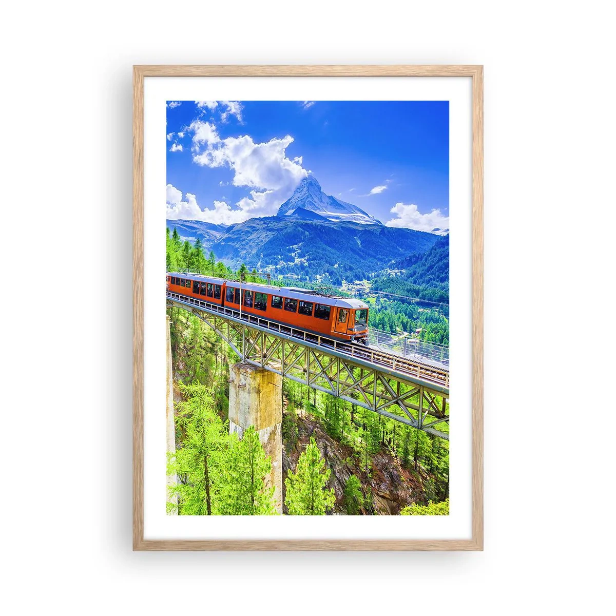 Plakat i ramme af lyst egetræ - Jernbane til Alperne - 50x70 cm
