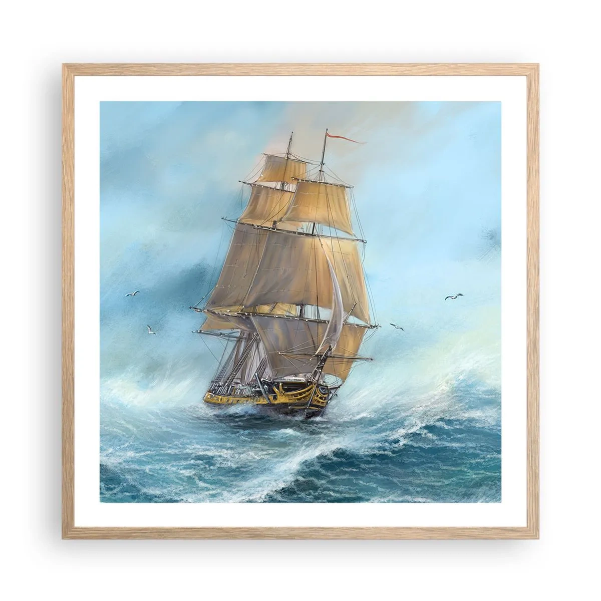 Plakat i ramme af lyst egetræ - Bølgende gennem bølgerne - 60x60 cm