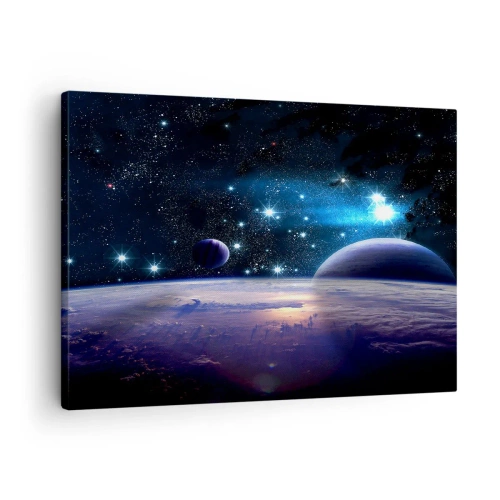 Lærredstryk - Billede på lærred - Udsigt over det ydre rum med planeter og stjerner - 70x50cm - Er du stadig alene? - Moderne vægdekoration til stue og soveværelse ARTTOR