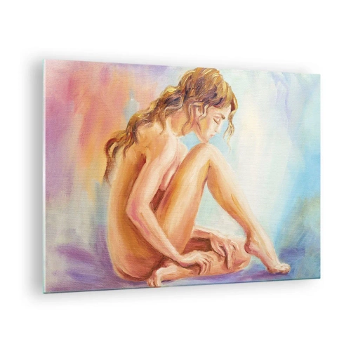 Billede på glas - En kvinde i diskret refleksion mod en baggrund af pastelfarver - 70x50cm - Ungdomens handling - Moderne vægdekoration til stue og soveværelse ARTTOR