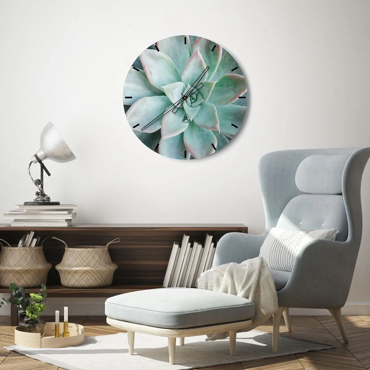 Vægur, Uret - Makrofotografi af en grøn sukkulent med lyserøde accenter - 30x30cm - Hjertet af ørkenen - Moderne vægdekoration til stue, køkken og soveværelse ARTTOR