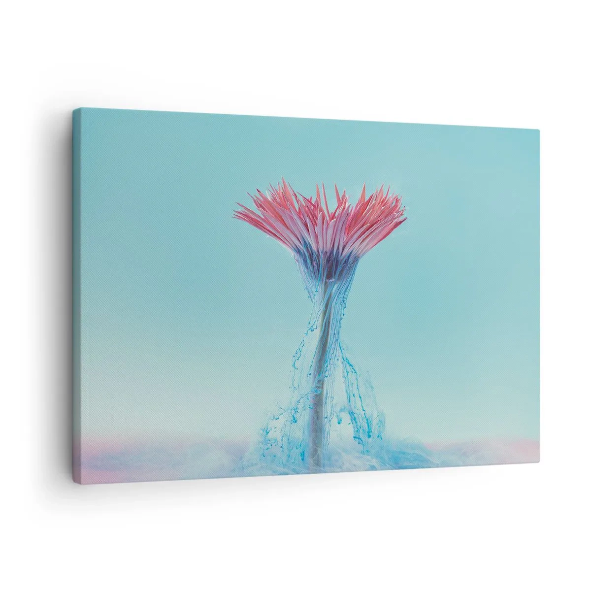 Lærredstryk - Billede på lærred - En lyserød og blå blomst i et kunstnerisk arrangement mod en pastelfarvet baggrund - 70x50cm - I en nærende omfavnelse - Moderne vægdekoration til stue og soveværelse ARTTOR