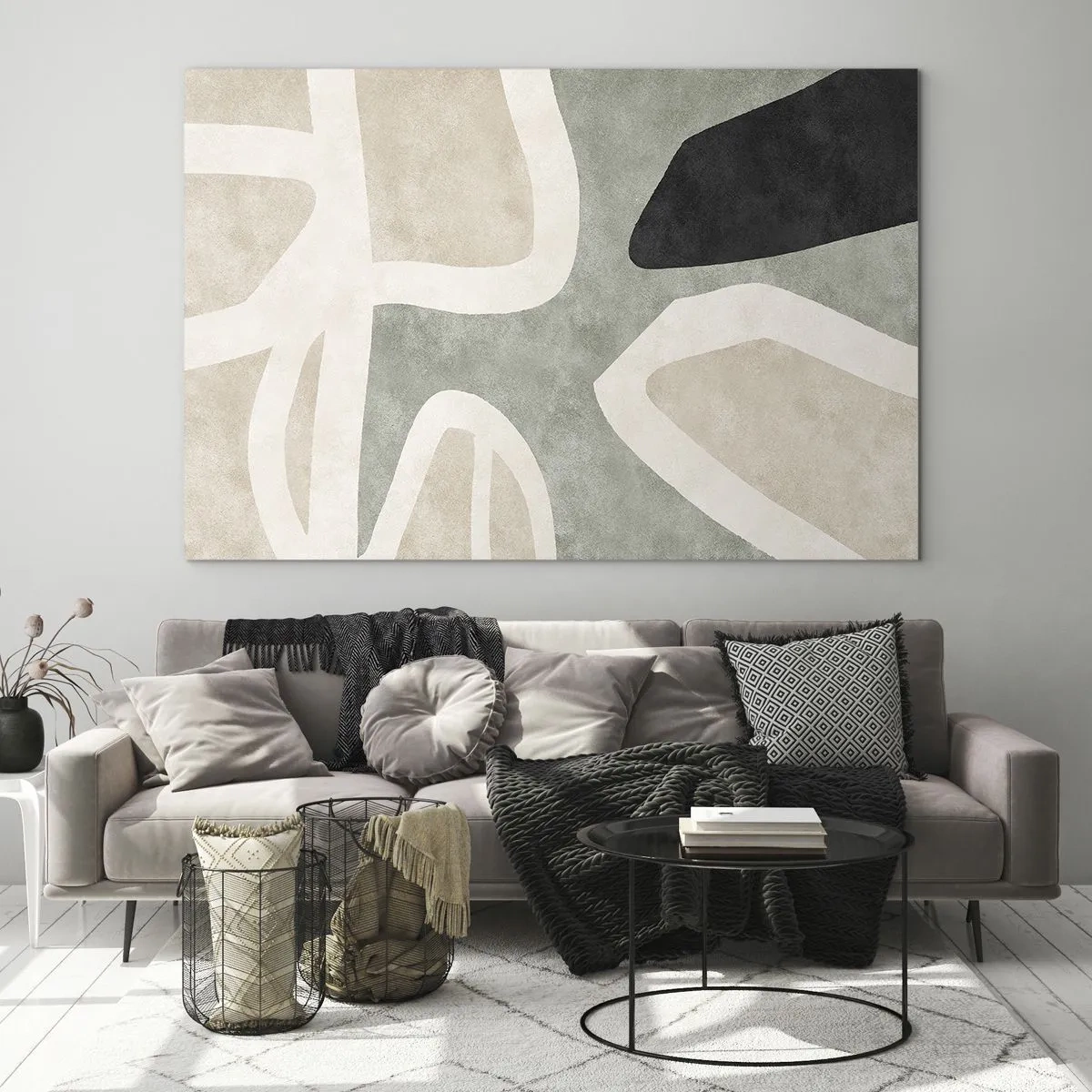 Billede på glas - Abstrakte former i beige og grønt med et strejf af sort - 70x50cm - Komposition med et sort tema - Moderne vægdekoration til stue og soveværelse ARTTOR
