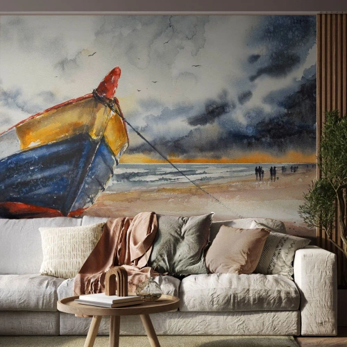 Fototapet Premium Canvas - Hvile på stranden - Landskab, Båd, Ved havet - 300x210 cm