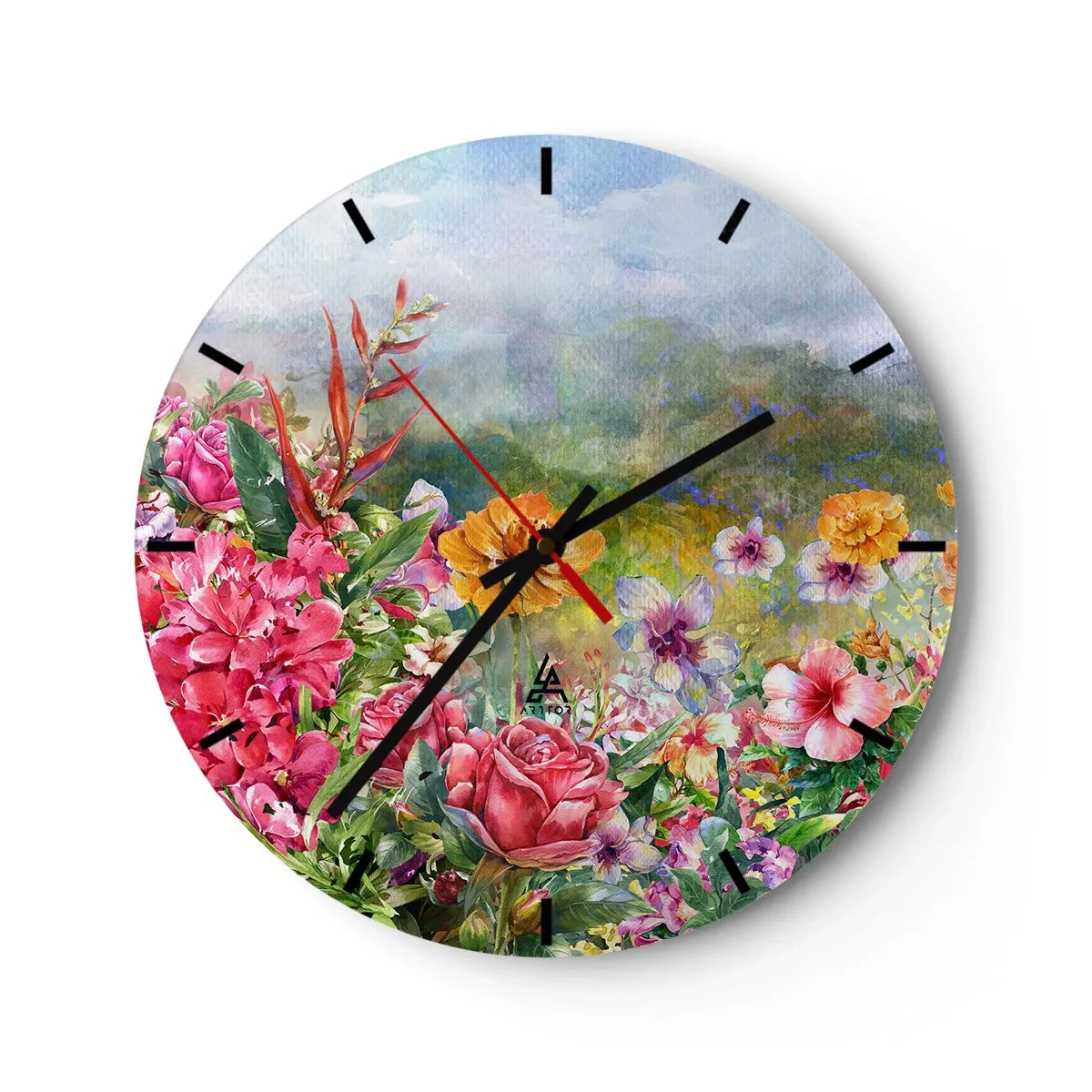 Vægur, Uret - En farverig have fuld af blomster mod en landskabs baggrund - 30x30cm - En have, der er gået amok - Moderne vægdekoration til stue, køkken og soveværelse ARTTOR