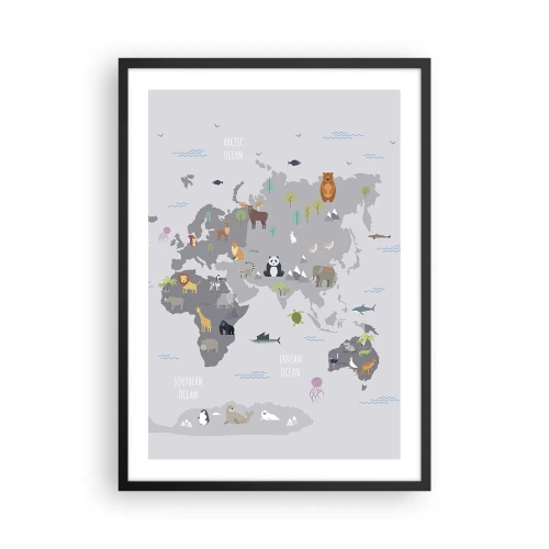 Plakat i sort ramme - Verdenskort med farverige dyr for børn - 50x70cm - Fortæl mig, hvor du er fra... - Moderne vægdekoration til stue og soveværelse ARTTOR