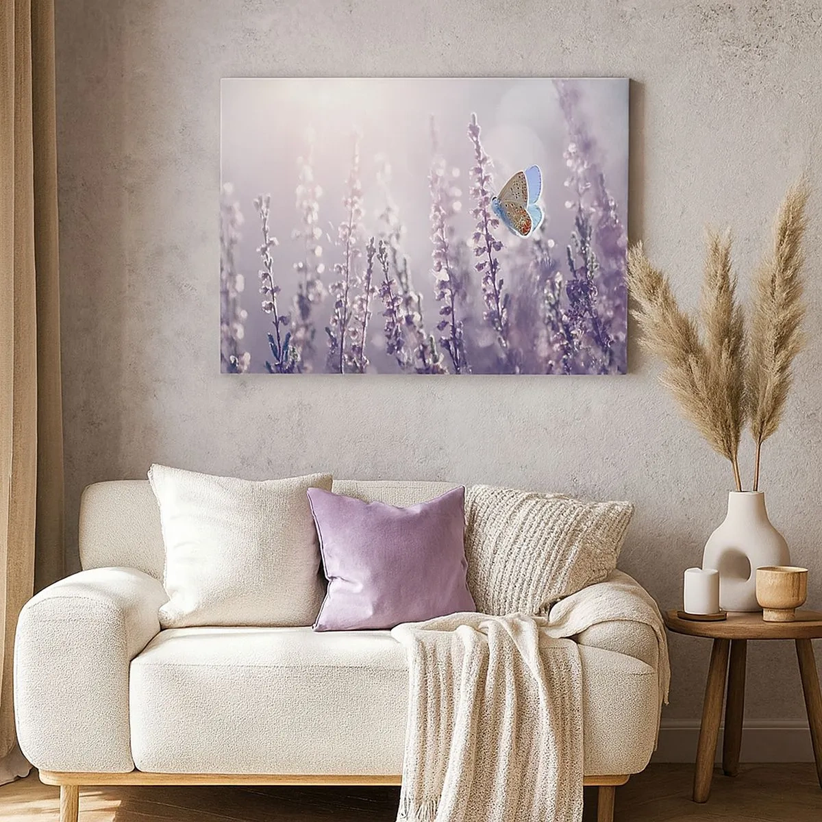 Lærredstryk - Billede på lærred - En sommerfugl på blomstrende lavendel i morgenlyset - 70x50cm - Sommerfuglekys - Moderne vægdekoration til stue og soveværelse ARTTOR