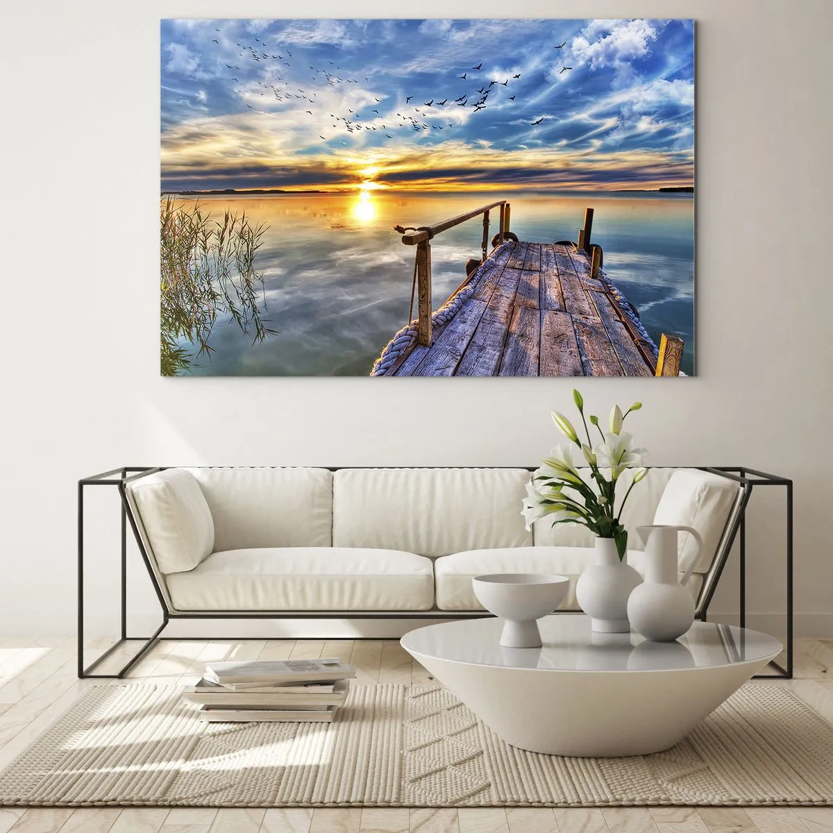 Billede på glas - Søbro ved solnedgang med fugle på himlen - 70x50cm - Vinden går til ro - Moderne vægdekoration til stue og soveværelse ARTTOR