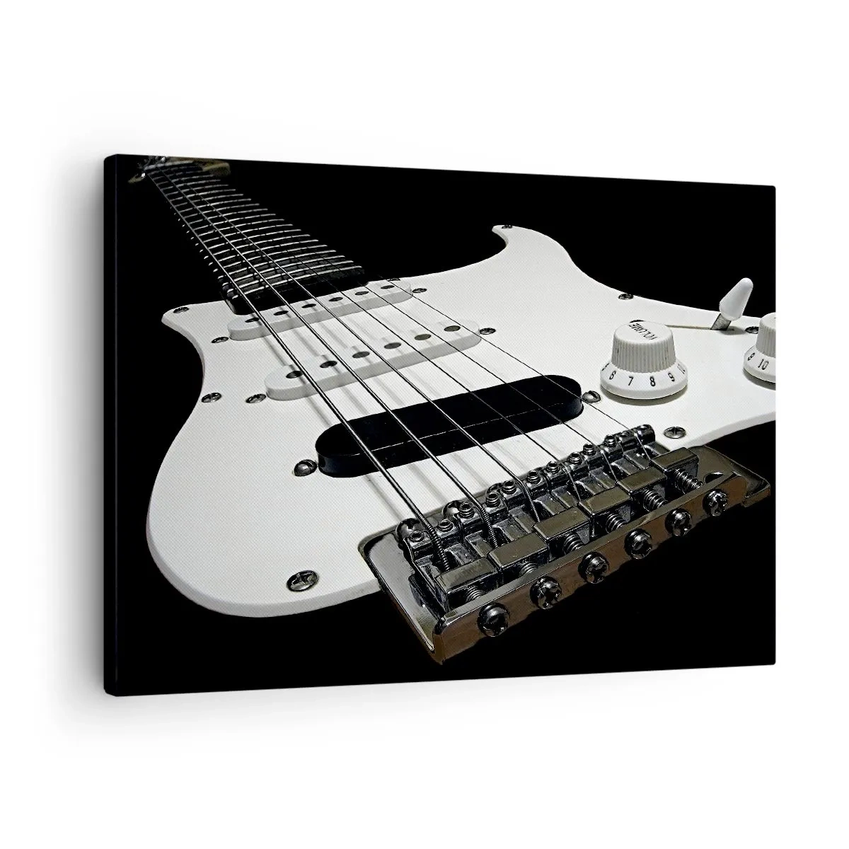 Lærredstryk - Billede på lærred - Nærbillede af en hvid elektrisk guitar på en sort baggrund. - 70x50cm - Lyd skjult i hvidt - Moderne vægdekoration til stue og soveværelse ARTTOR
