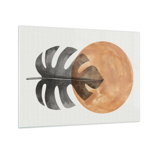 Billede på glas - Monsterablad og orange cirkel i grafisk stil på hvid baggrund. - 70x50cm - Altid solen - Moderne vægdekoration til stue og soveværelse ARTTOR