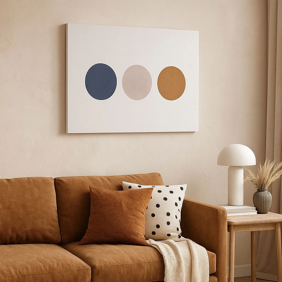 Lærredstryk - Billede på lærred - En minimalistisk komposition med tre farvede cirkler - 70x50cm - Et symbol på perfektion - Moderne vægdekoration til stue og soveværelse ARTTOR