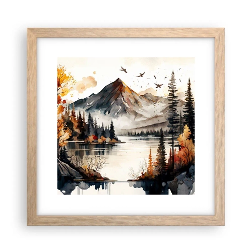 Plakat i ramme af lyst egetræ - Gyldent efterår i bjergene - 30x30 cm