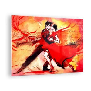 Billede på glas - Et par, der danser i en dynamisk rød komposition - 70x50cm - Lilla rytme af lidenskab - Moderne vægdekoration til stue og soveværelse ARTTOR