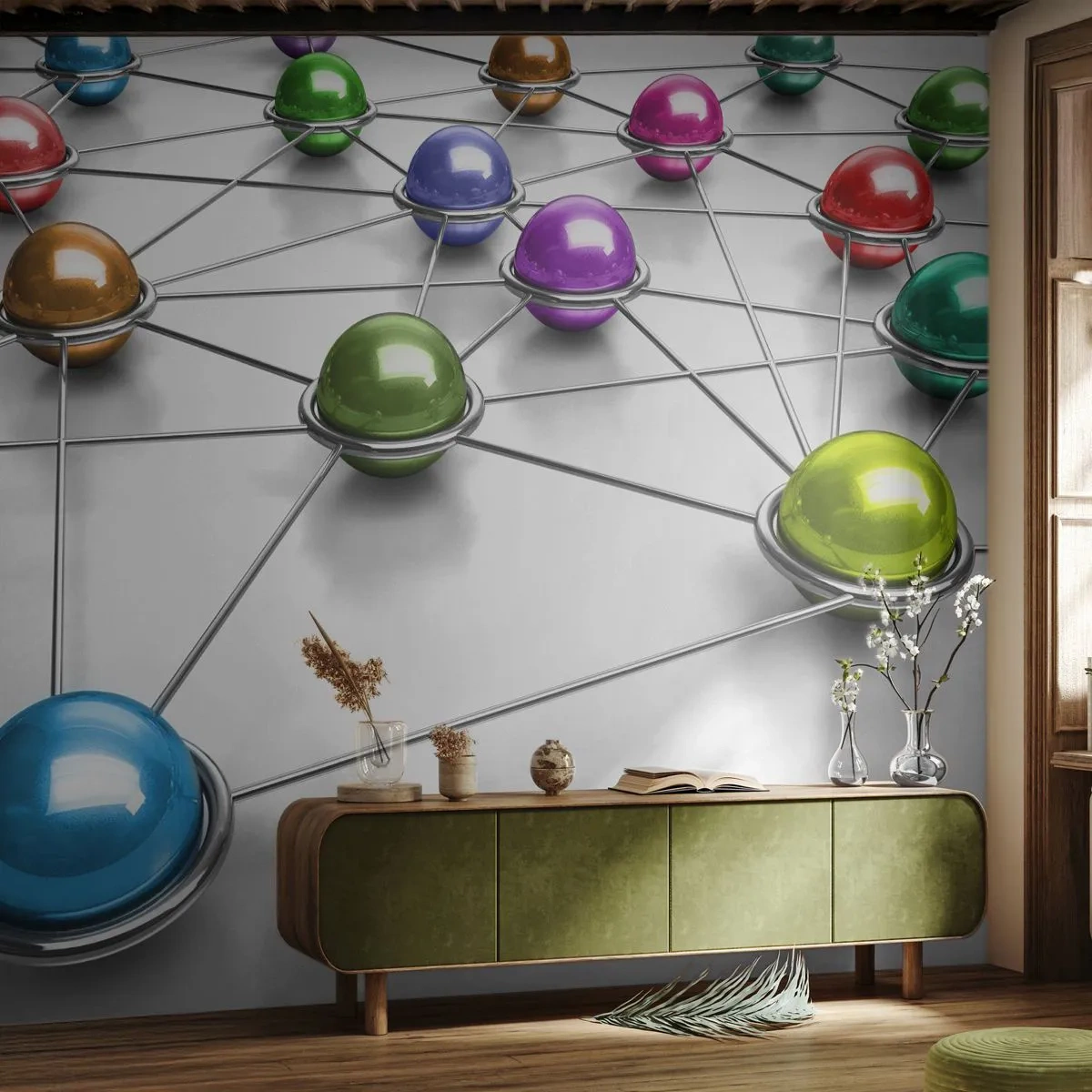 Fototapet Premium Canvas - Kosmisk net - Abstraktion, Metal bolde, 3D - 250x175 cm