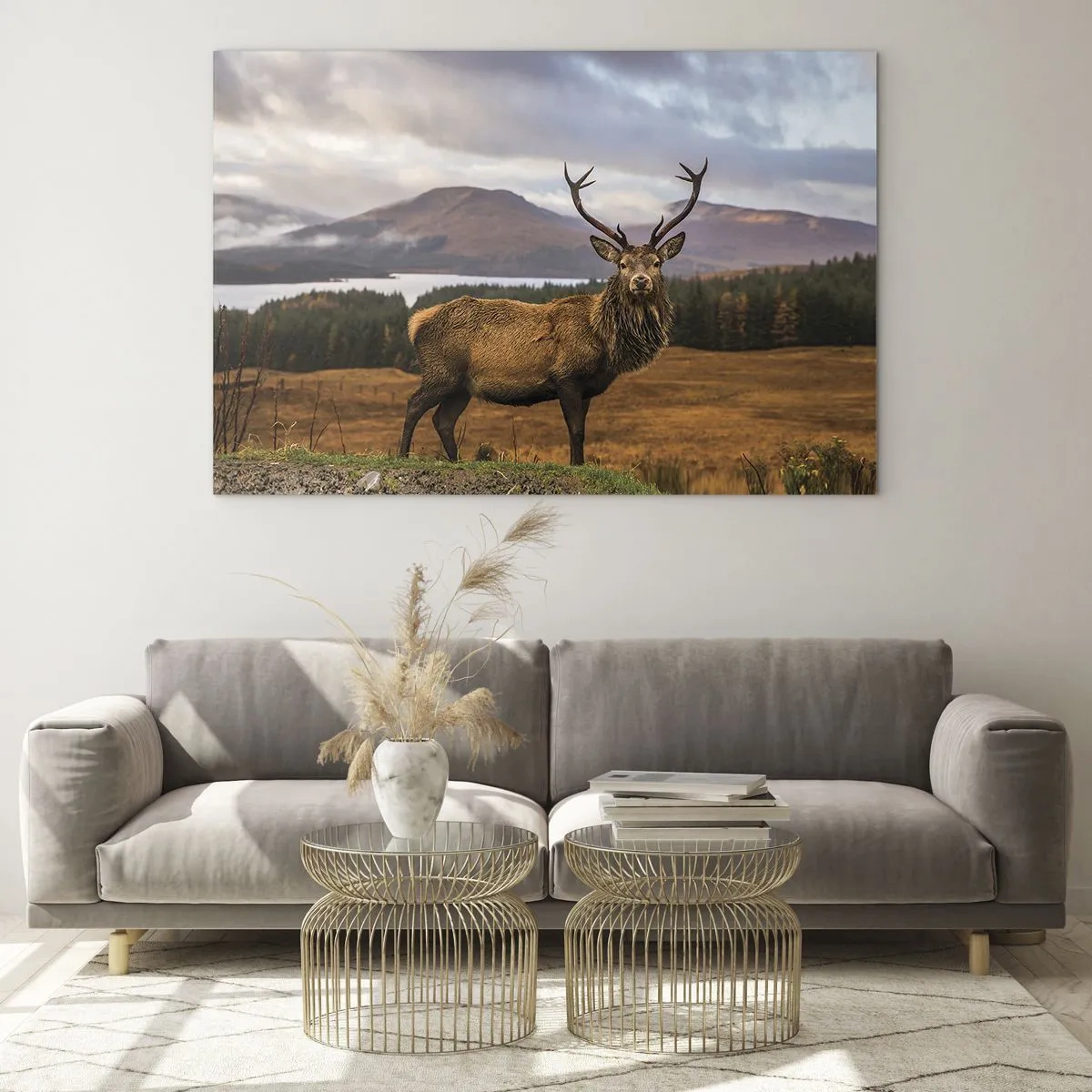 Billede på glas - Hjorte mod en baggrund af maleriske bjerge og skove - 70x50cm - Naturens majestæt - Moderne vægdekoration til stue og soveværelse ARTTOR