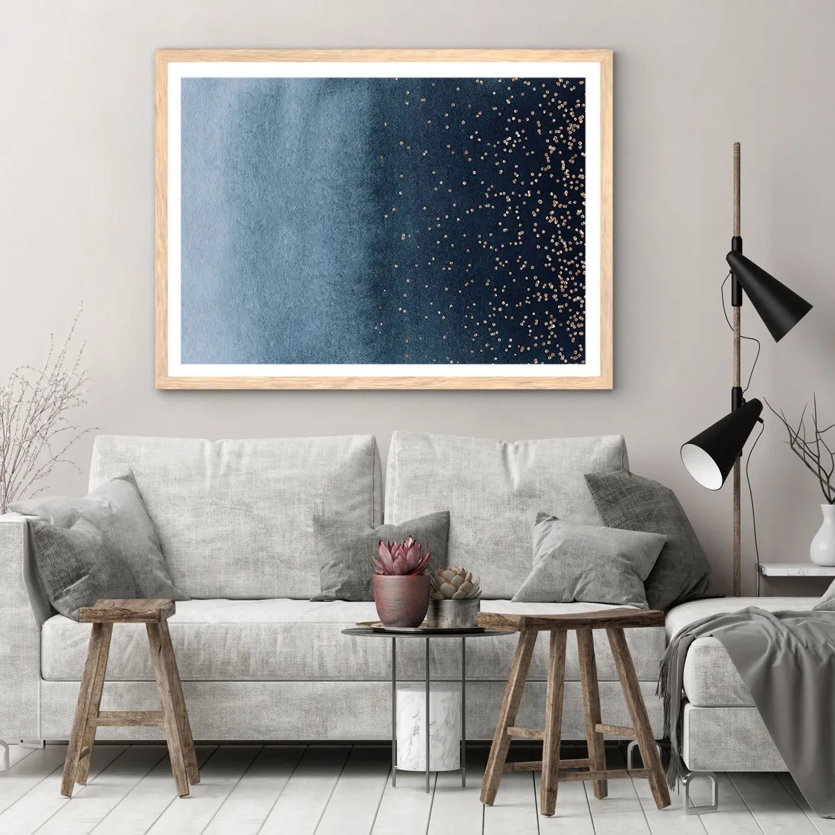 Plakat i ramme af lyst egetræ - Sammensætning - blå faser - 100x70 cm