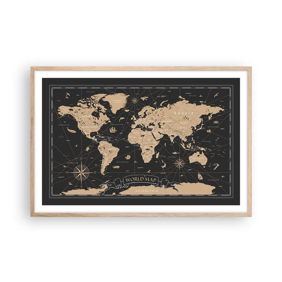 Plakat i ramme af lyst egetræ - Grænserne for min verden - 91x61 cm