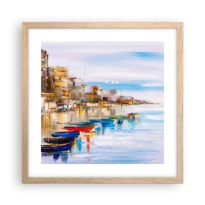 Plakat i ramme af lyst egetræ - Flerfarvet urban havn - 40x40 cm