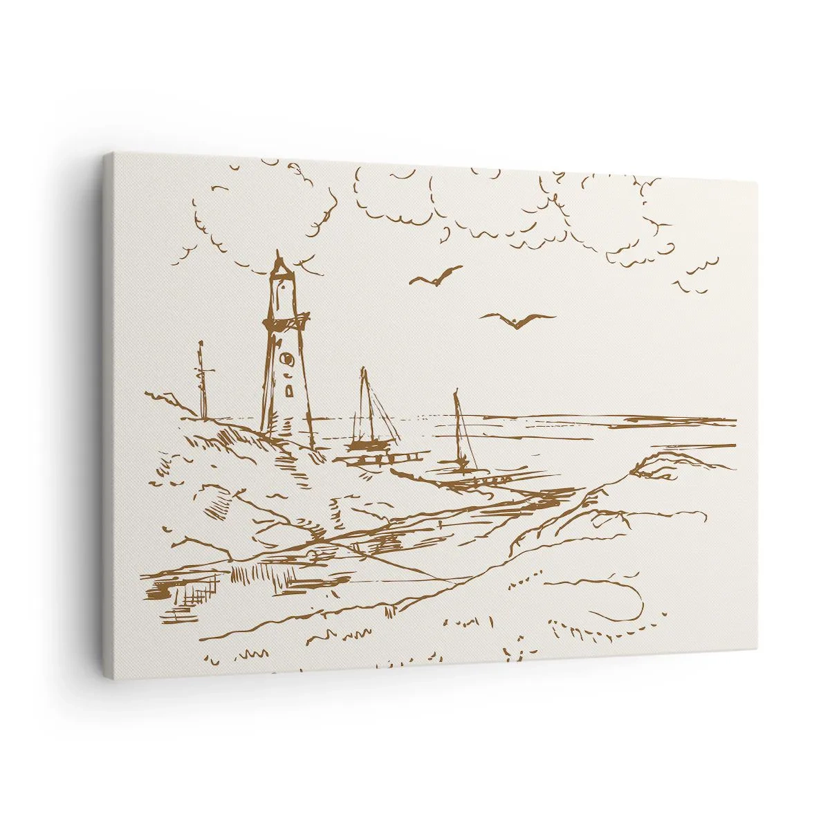 Lærredstryk - Billede på lærred - Skitse af et fyrtårn med udsigt over havet - 70x50cm - Oversigt over sommerminder - Moderne vægdekoration til stue og soveværelse ARTTOR