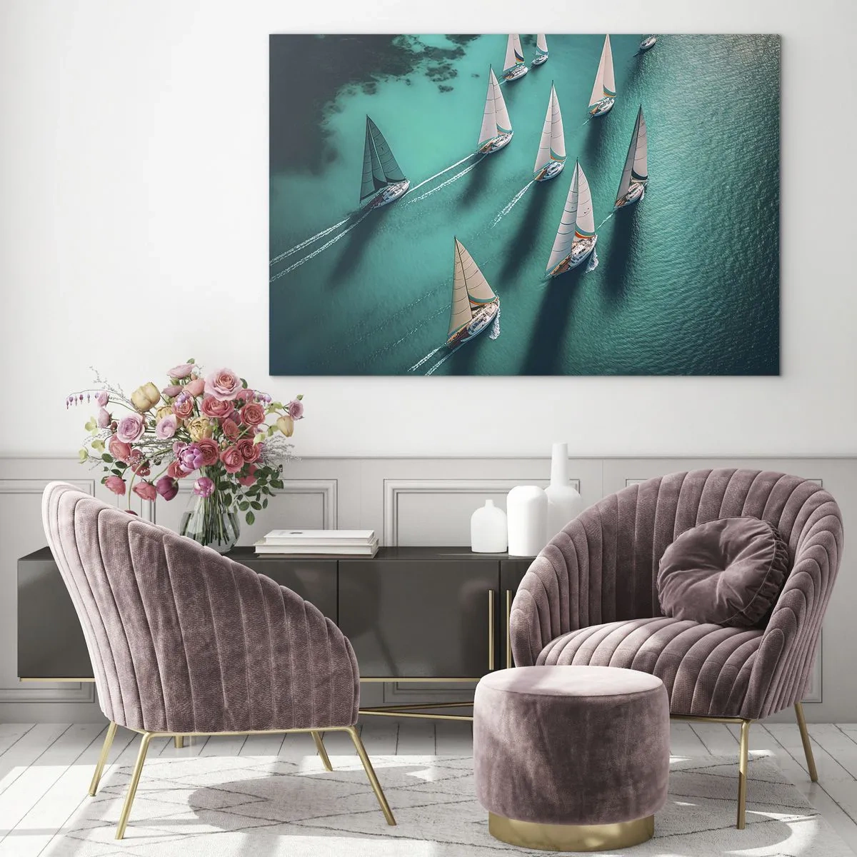 Billede på glas - Sejlbåde på turkisblåt vand taget fra fugleperspektiv - 70x50cm - Konkurrerer med vinden - Moderne vægdekoration til stue og soveværelse ARTTOR