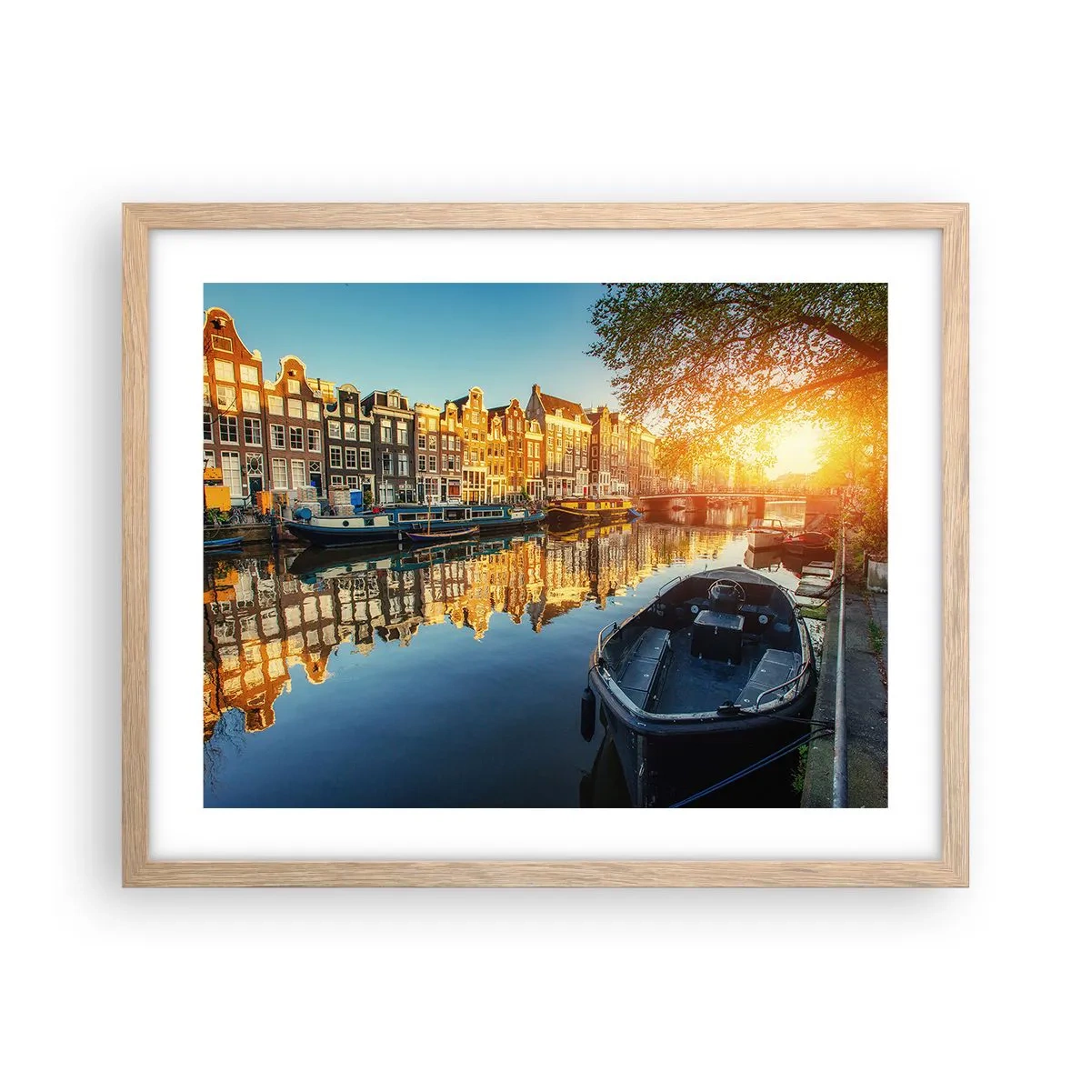 Plakat i ramme af lyst egetræ - Morgen i Amsterdam - 50x40 cm