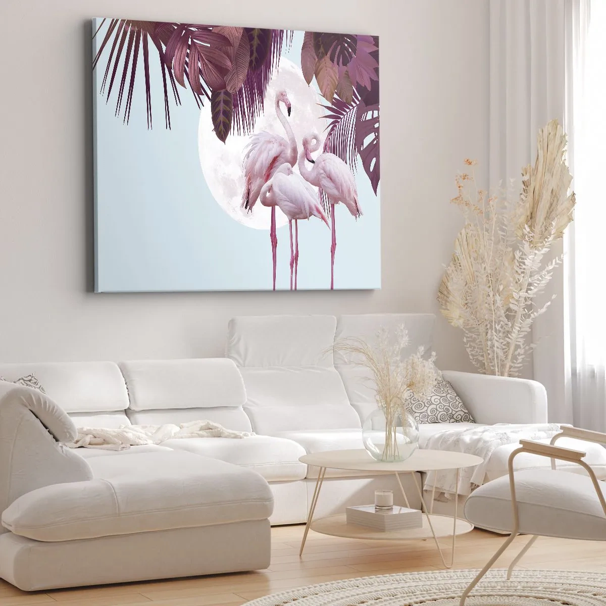 Lærredstryk - Billede på lærred - Lyserøde flamingoer mod månen og tropiske blade som baggrund - 70x50cm - Tre fugles ynde - Moderne vægdekoration til stue og soveværelse ARTTOR