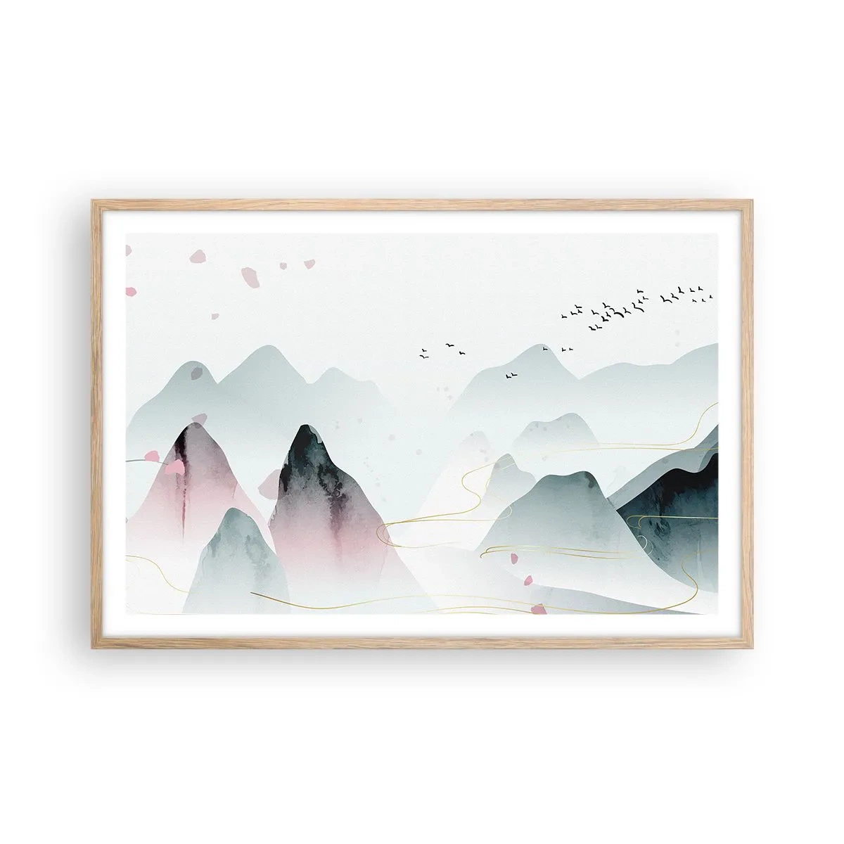 Plakat i ramme af lyst egetræ - Over toppene - 91x61 cm