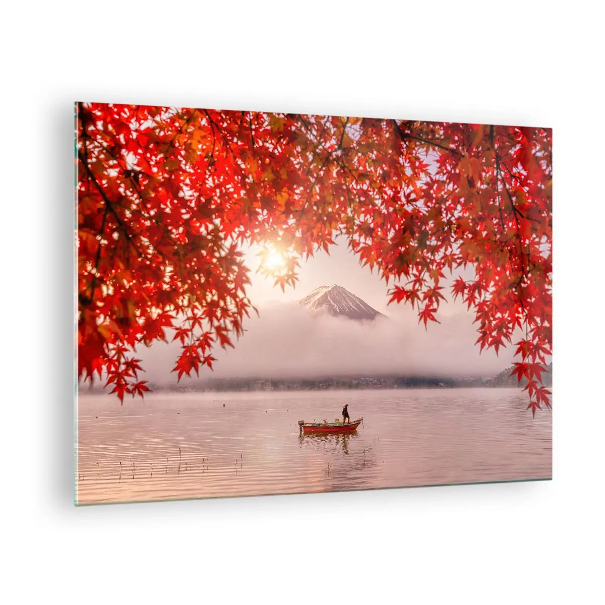 Billede på glas - Mount Fuji med en båd på en sø omgivet af røde blade - 70x50cm - I en japansk atmosfære - Moderne vægdekoration til stue og soveværelse ARTTOR
