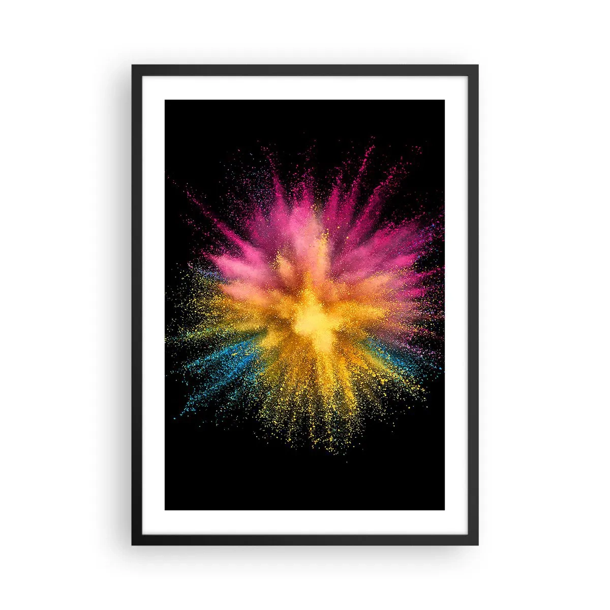 Plakat i sort ramme - Eksplosion af farvet pulver på en sort baggrund - 50x70cm - Farvernes fødsel - Moderne vægdekoration til stue og soveværelse ARTTOR
