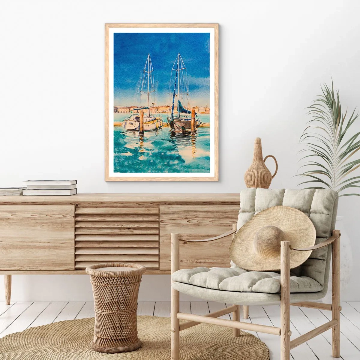Plakat i ramme af lyst egetræ - Solrig lagune - 50x70 cm
