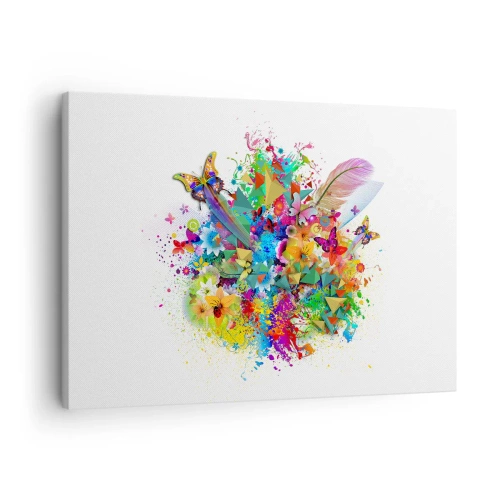 Lærredstryk - Billede på lærred - Farverigt motiv med blomster og sommerfugle - 70x50cm - En buket af glæde - Moderne vægdekoration til stue og soveværelse ARTTOR