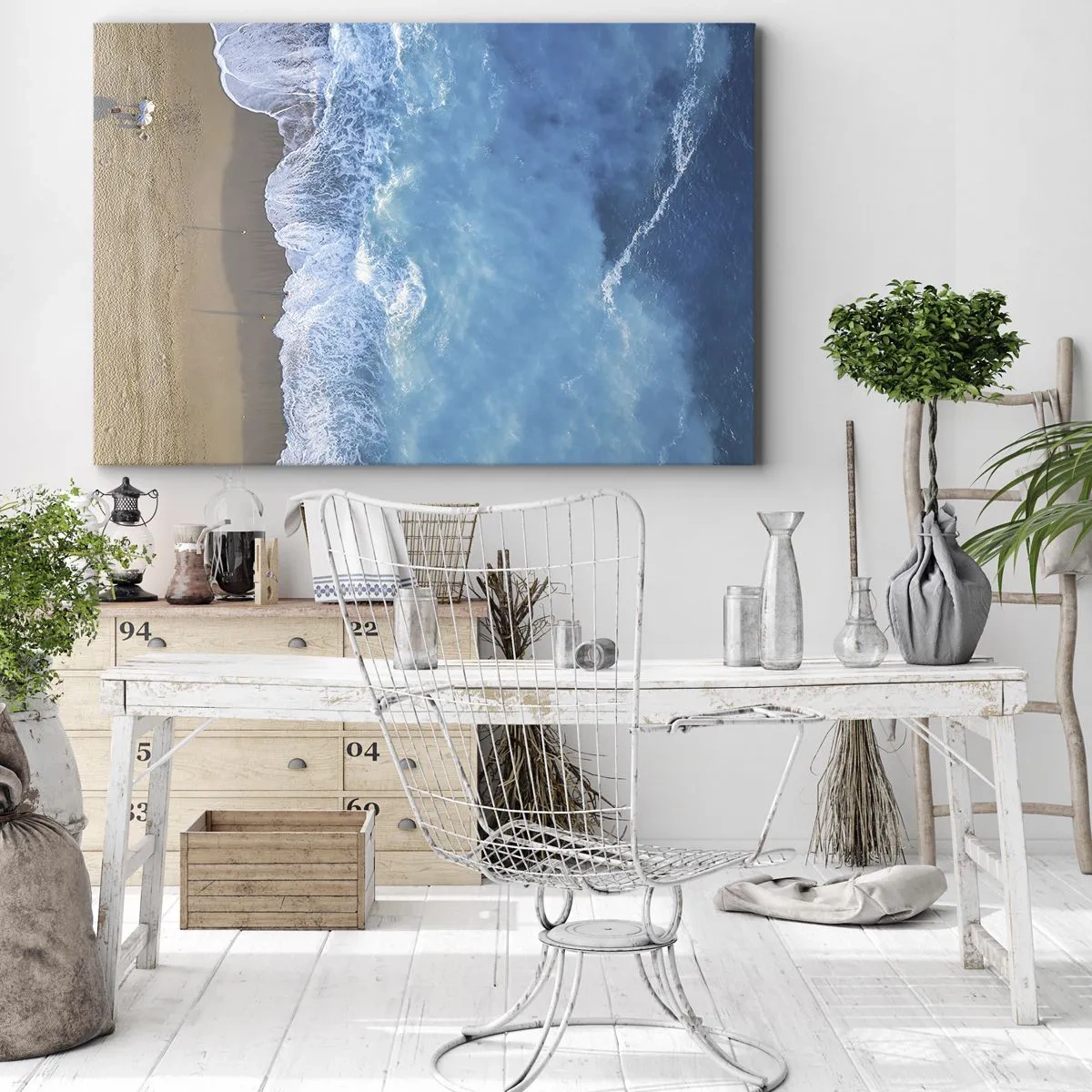 Lærredstryk - Billede på lærred - Fugleperspektiv over stranden og havets bølger - 70x50cm - Den blå kraft - Moderne vægdekoration til stue og soveværelse ARTTOR
