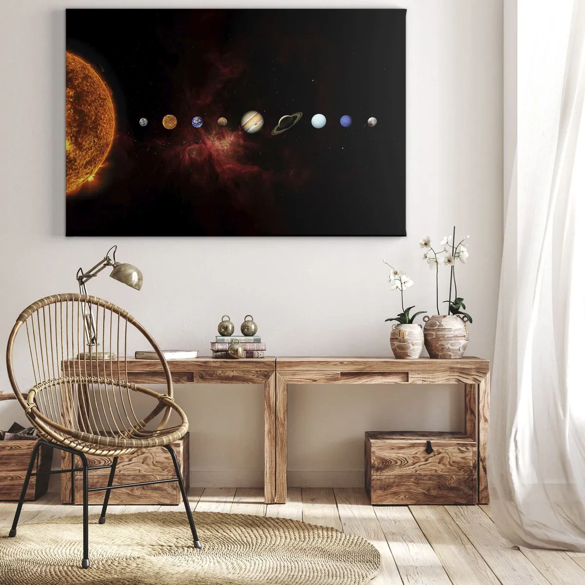 Lærredstryk - Billede på lærred - Solsystemet med planeter mod rummets baggrund - 70x50cm - Vores nabolag - Moderne vægdekoration til stue og soveværelse ARTTOR