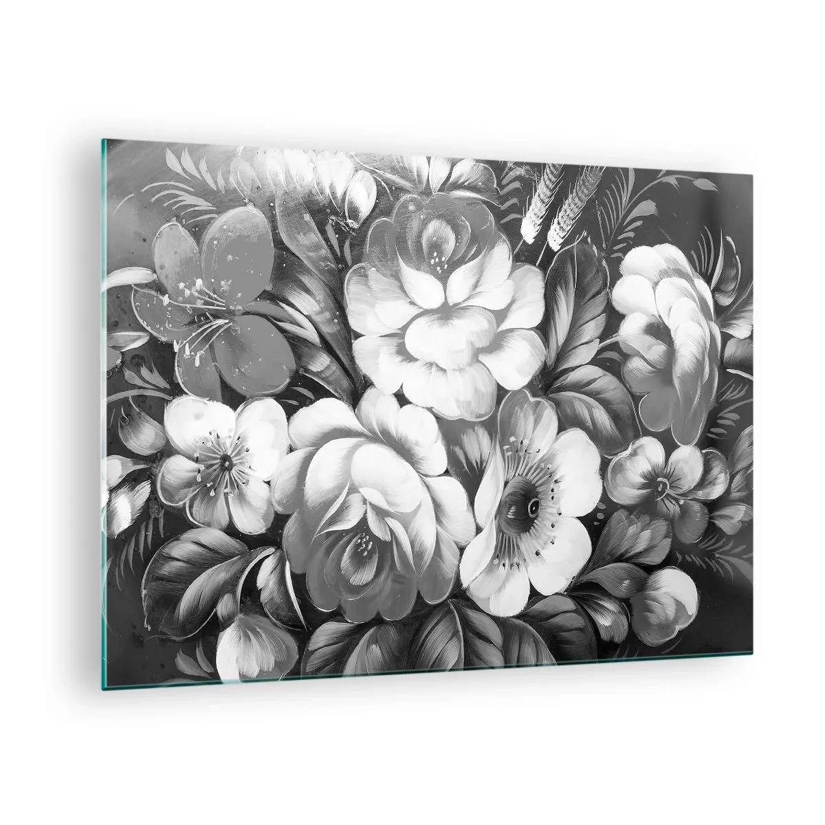 Billede på glas - En elegant blomsterbuket i grå nuancer - 70x50cm - Smuk selv i grå farve - Moderne vægdekoration til stue og soveværelse ARTTOR