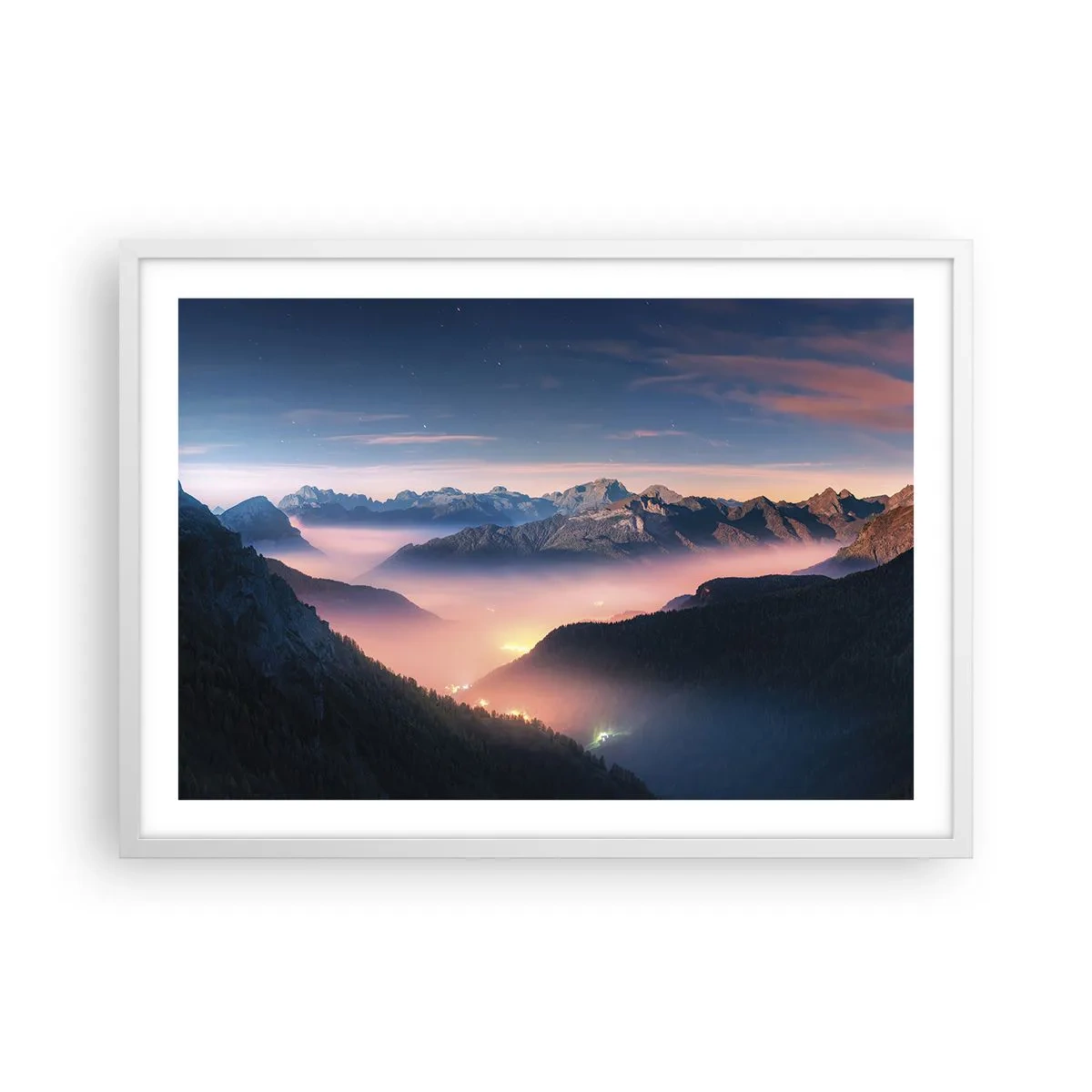 Plakat i hvid ramme - Lys i dalene - 70x50 cm