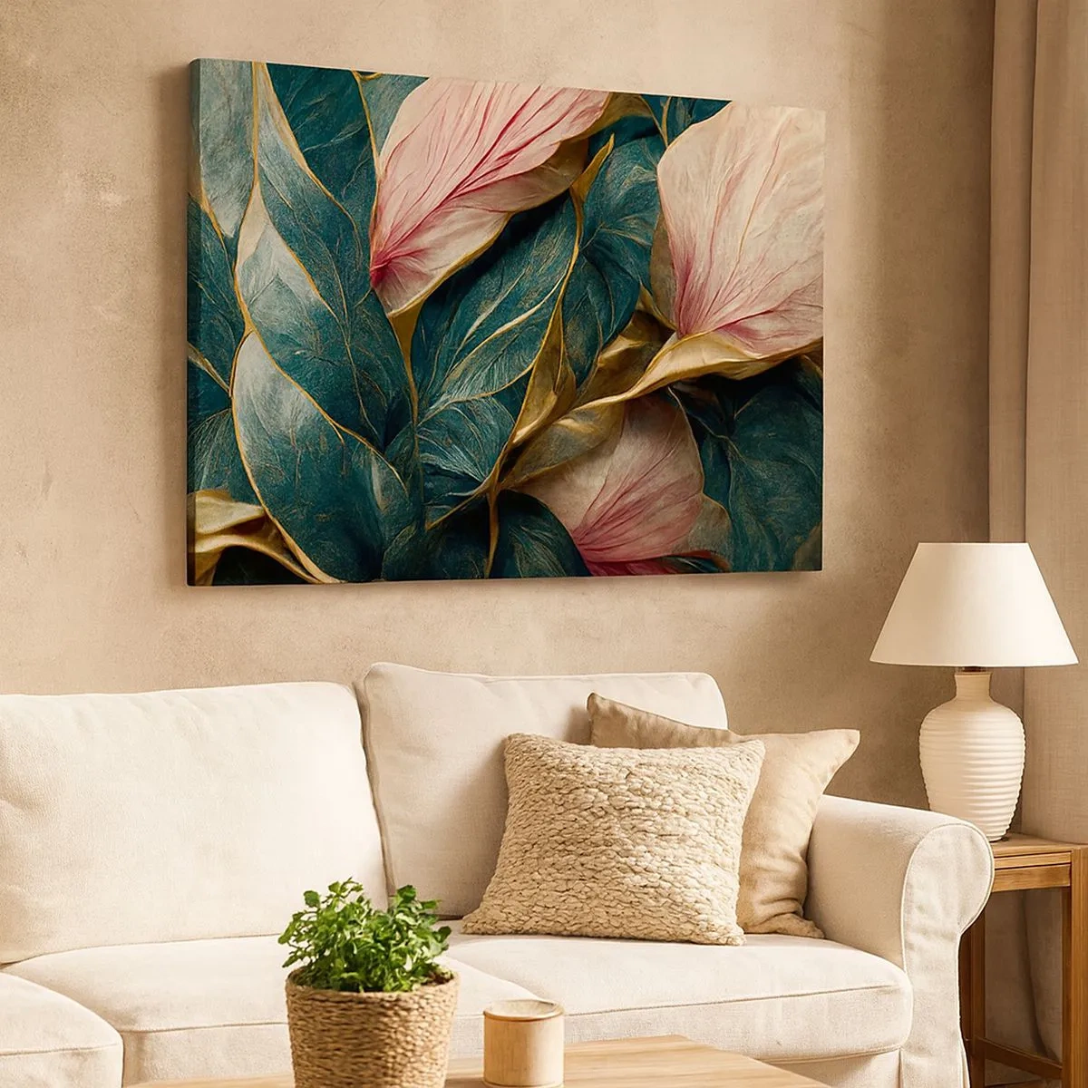 Lærredstryk - Billede på lærred - Elegante blade i grønt, guld og pink - 70x50cm - Naturlig elegance og stil - Moderne vægdekoration til stue og soveværelse ARTTOR