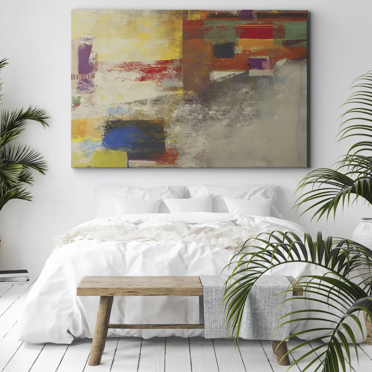 Lærredstryk - Billede på lærred - Farverig abstraktion med geometriske former - 70x50cm - Geometri af farver - Moderne vægdekoration til stue og soveværelse ARTTOR