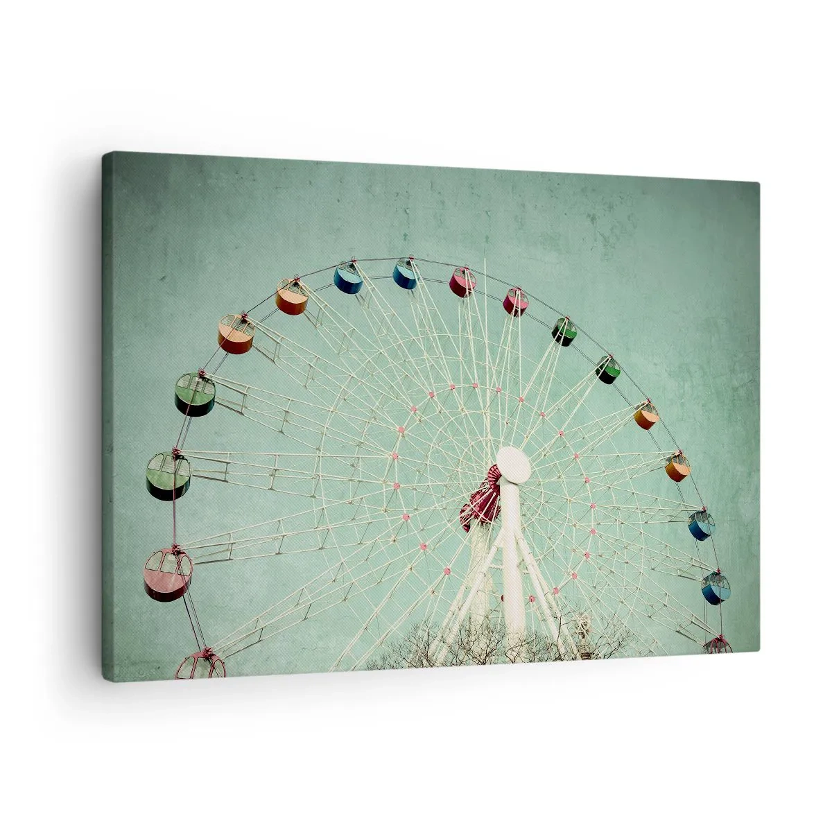 Lærredstryk - Billede på lærred - Et farverigt pariserhjul mod en blå himmel i retrostil - 70x50cm - Vi inviterer dig til at lege - Moderne vægdekoration til stue og soveværelse ARTTOR
