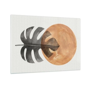 Billede på glas - Monsterablad og orange cirkel i grafisk stil på hvid baggrund. - 70x50cm - Altid solen - Moderne vægdekoration til stue og soveværelse ARTTOR