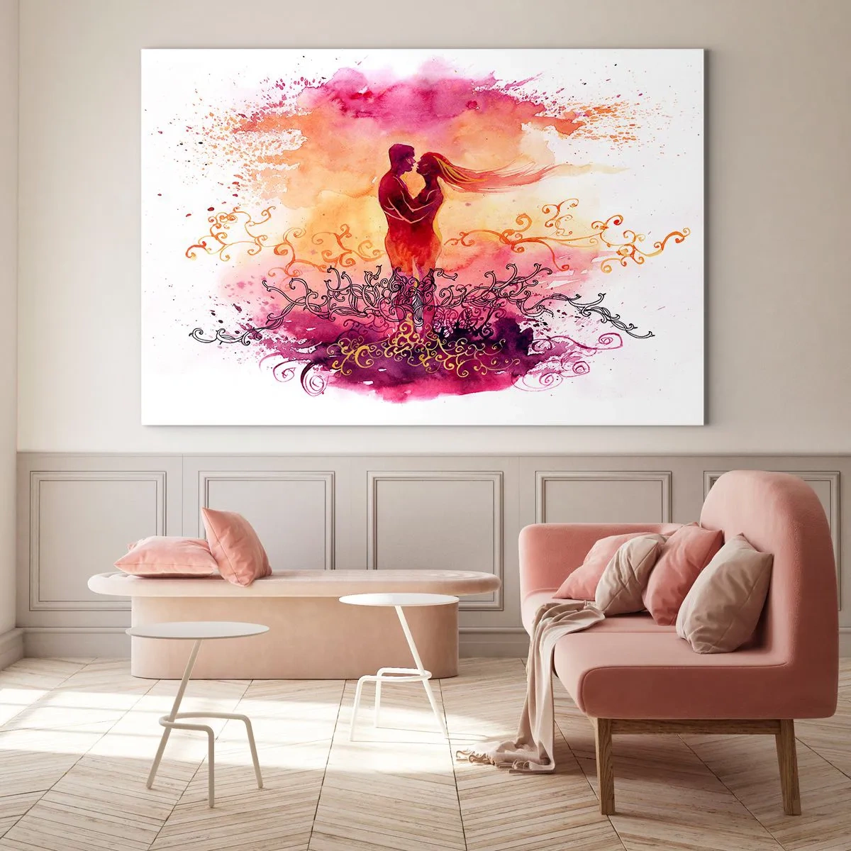 Billede på glas - Et romantisk par i abstrakte, varme farver - 70x50cm - Ét hjerte! Jeg har brug for så lidt... - Moderne vægdekoration til stue og soveværelse ARTTOR