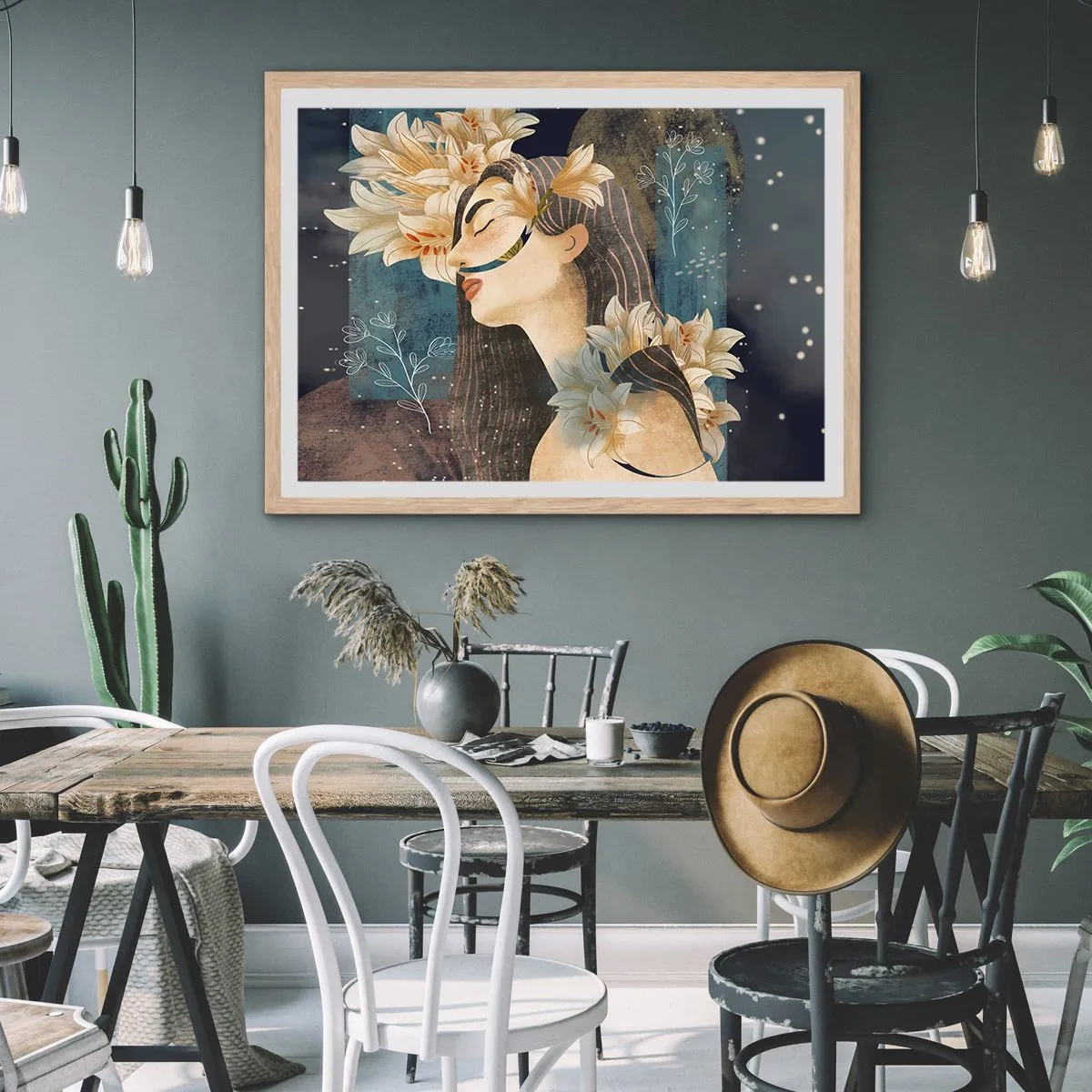 Plakat i ramme af lyst egetræ - Eventyret om prinsessen med liljerne - 70x50 cm