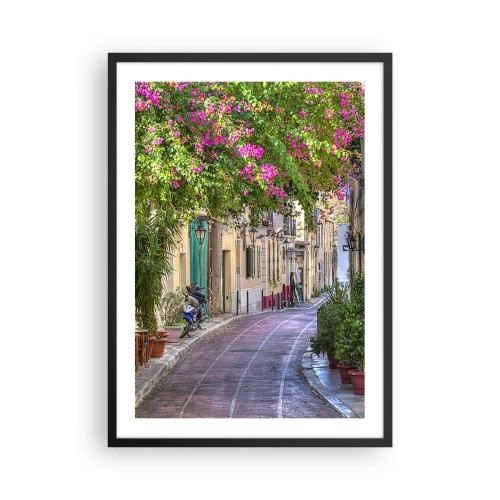 Plakat i sort ramme - En farverig gade med blomstrende blomster og klassisk arkitektur - 50x70cm - En blomstrende gyde - Moderne vægdekoration til stue og soveværelse ARTTOR