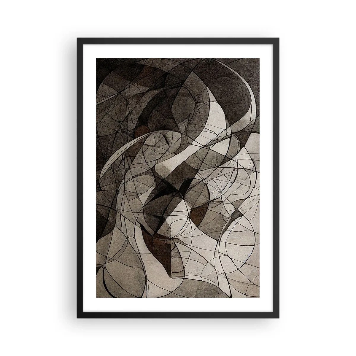 Plakat i sort ramme - Abstrakt komposition af geometriske linjer og former - 50x70cm - Cirkulation af jordens farver - Moderne vægdekoration til stue og soveværelse ARTTOR