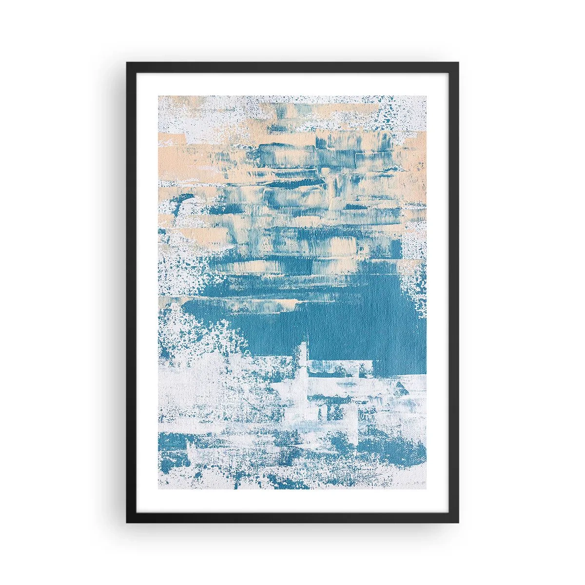 Plakat i sort ramme - Abstrakt tekstur i nuancer af blå og beige - 50x70cm - Gennem istappen - Moderne vægdekoration til stue og soveværelse ARTTOR