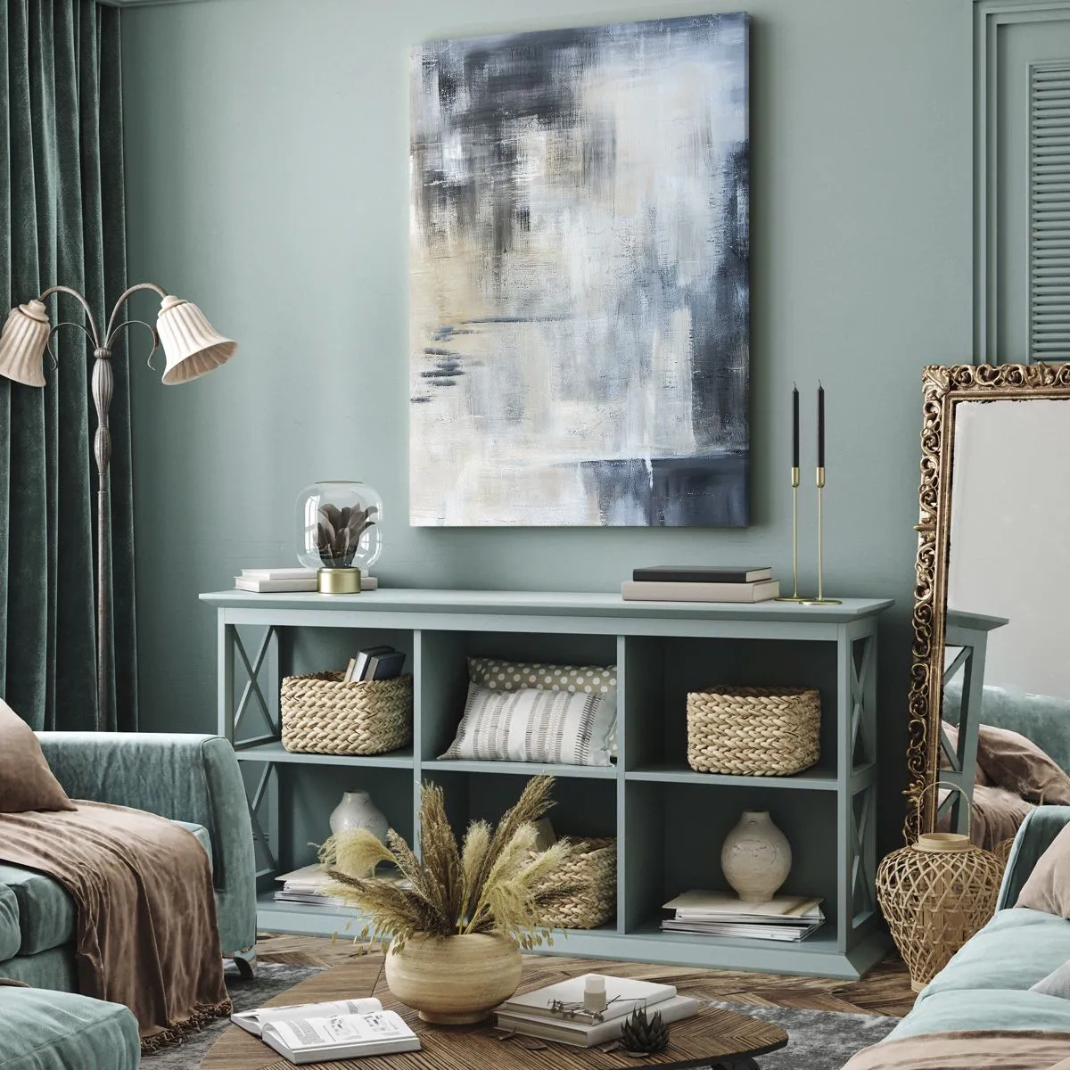 Lærredstryk - Billede på lærred - Bag et slør af blåt - 65x120 cm